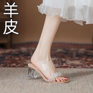 Crystal Thong Slippers Womens Summer Outdoor Wear Fashionable Transparent High Heel Thick Heel Sandals French Strap Slippers