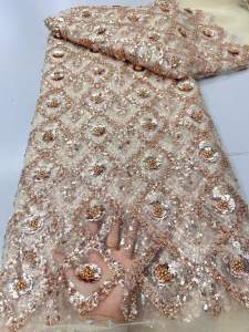 African Mesh Sequins Lace Fabric 5Yard 2026 High Quality Embroidered Nigerian French Beaded Lace Fabric for Wedding Dress Sewing