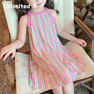 เอี๊ยมกระโปรงทรงเอแขนกุดสำหรับเด็กลายสายรุ้งชุดเด็กผู้หญิงไม่จำกัด X ชุดเดรสเจ้าหญิงสำหรับเด็กผู้หญิงทารก