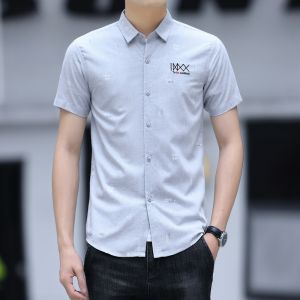 ROMON | Romon Mens Short Sleeve Shirt Summer Thin Tailored Ice Silk Casual Fashionable Button Up Printed Shirt Outerwear For Youth