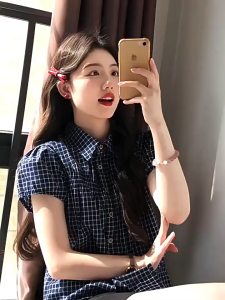 Thesummernade เสื้อเชิ้ตแขนสั้นลายตารางญี่ปุ่น คอโปโลฤดูร้อน แขนพัฟสั้นBB09