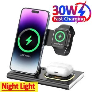 3 In 1แท่นแท่นชาร์จเร็วแบบพับได้30W สำหรับ iPhone 15 14 13 12 Pro Max iPhone Watch 8 7 6 Airpods Watch ที่ชาร์จแบบไร้สาย