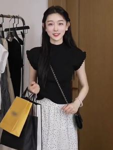 Oajer European Style Womens Knitted Sweater Summer Season Half High Collar Petal Sleeve Mini Fermenting Vegetable Knitwear