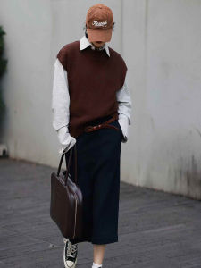BOGUDU | Youthful Wool Knitted Vest And Check Shirt Skirt Set Autumn