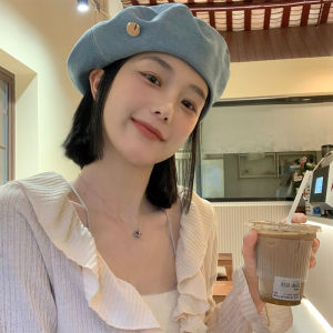 【 WJ 】หมวกเบเร่ต์ผ้ายีนส์สำหรับผู้หญิงหมวกช่างสีใส่ได้หลายโอกาส