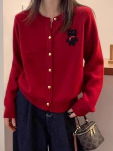 Christmas Atmosphere Embroidered Bear Red Knitted round Neck Sweater Coat Womens Autumn Winter New Style Commute Style Straight Tube