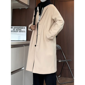 Over-Knee Mens Woolen Coat Black Medium-Length British Style Casual Fashion Youth Poplin Polyester Fiber Single-Breasted Coat
