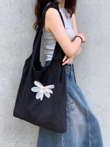 Korean Style Simple Floral Hanging Charm Belted Shoulder Bag Large Capacity Shopping Bag Lucky Store Fashionable Canvas Bag