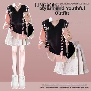 NUMEN BUTTON | Plus Size Elegant Chinese Style Set Knitted Vest Pink Blouse High Waist Skirt 3 Pieces