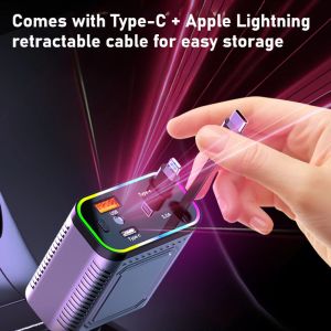 Retractable 4-in-1 Fast Car Charger with Starlight Ceiling Projection 120W Super Fast Charging for iPhone Android Dual USB-C & iOS Ports Car Adapter Car interior Accessories