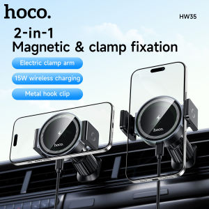 HOCO HW35 Magnetic/Clamping 15W Car Phone Holder Wireless Fast Charging Car Mount Charger Air Outlet Car Phone Holder For iPh12-17 Samsung S24 Ultra Mobile Phones