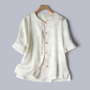 New Chinese Style Silk Georgette Short Sleeve Embroidered Shirt Loose Womens Summer Top round Neck Pure Color Commute Fashion