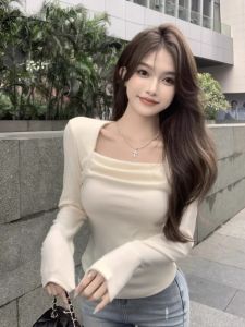 Slim Fit Short Sleeveless T-Shirt Womens Spring Autumn Pure Color Square Collar Base Shirt Long Sleeve Inner Wear Base Shirt