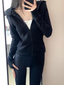 Fall Winter Womens Hoodie Jacket Spring Autumn Style Yoga Top Slim Fit Sport Short Length Zipper Closure Long Sleeve Solid Color