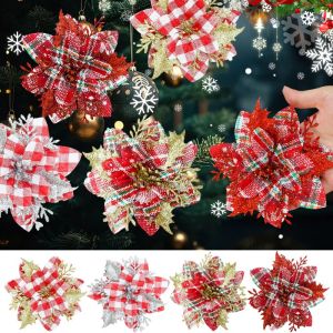 YESPERY 4Pcs Plaid Christmas Flowers with Clips Artificial Glitter Floral Xmas Tree Ornament Fake Flower Party Christmas Decoration