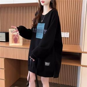 Thickened Fleece Pure Cotton Hoodless round Neck Sweatshirt Womens Midi Length Butt Covering Shark Pants Matching Autumn Winter