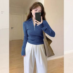 เสื้อชั้นในถักคอเปิดครึ่งตัวสีม่วงชมพู สำหรับผู้หญิง เสื้อชั้นในถักแบบมีซิป เสื้อเชิ้ตทรงเข้ารูป เสื้อเชิ้ตแขนยาว ฤดูใบไม้ร่วง/ฤดูหนาว