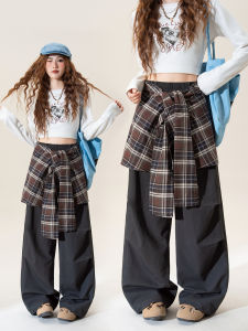 Retro Check Wide Leg Pants High Waist Straight Long Pants for Fall/Winter