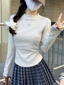 เสื้อยืดคอตั้งแขนยาวทรงสลิมฟิตสำหรับผู้หญิงในฤดูใบไม้ผลิ ทรงหลวม ทรงเข้ารูป ดีไซน์ไม่สมมาตร ผ้าฝ้ายโพลีเอสเตอร์ผสม