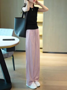 กางเกงขากว้างผ้าไหมน้ำแข็งบางฤดูร้อนสำหรับผู้หญิง กางเกงขายาวทรงหลวมสบาย ๆ ทรงหลวม กางเกงขายาวผ้าไหมน้ำแข็งสำหรับผู้หญิงในช่วงฤดูร้อน