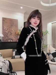 Black Fleece Lined Thickened Winter Style Cheongsam High Waist Commute Korean Version Polyester Fiber Long Sleeve Midi Dress