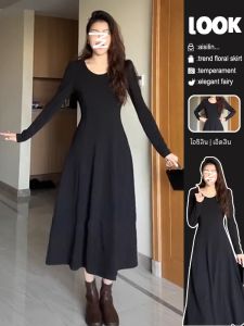 Elegant French Black Long Sleeve Dress Womens Autumn Winter New Small Size Base Layer Inner Wear Waist Cinched Long Dress