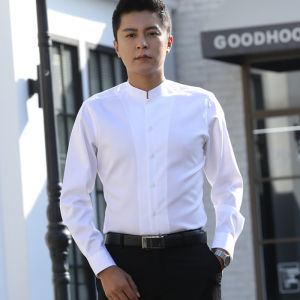 Chinese Stand Collar Shirt Mens Long Sleeves Pure Cotton Middle-Aged White Business Non-Ironing Zhongshan Suit Casual Men round Neck Shirt