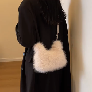 NIkyLundun กระเป๋าถือขนฟูสำหรับผู้หญิง สไตล์ชิค เทรนดี้ฤดูหนาว กระเป๋าสะพายข้างที่นุ่มและฟูฟ่อง