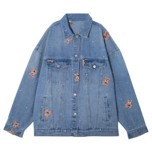 Fashionable Bear Denim Jacket Womens Loose Casual Style Retro Weekly Holiday Sweet Shrimp Pie Top Cotton Polyester Blend