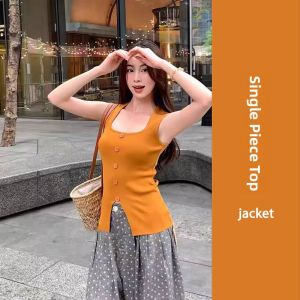 YUEZHONGWEI | Red Knitted Strap Vest Women Summer Outerwear Unique Beautiful Slim Fit Side Slit Square Collar Top Commute Style Single Piece