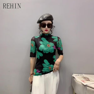 REHIN Womens top Half high neck mesh short sleeve shirt slim and thin elegant blouse