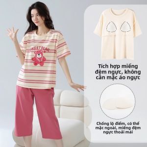 Bộ đồ ngủ MiiOW cho nữ làm  vải cotton thoáng khí thoải mái tay ngắn cổ chữ V có đệm ngực