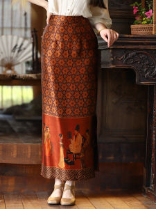 Silk Satin Chinoiserie Mini Skirt Chinese Style Wrap around Skirt High Waist Long Skirt Print Pattern H-Shape Silken A-Line Skirt