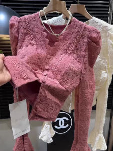 เสื้อเชิ้ตคอวีแขนยาวผ้าลูกไม้บุขนแกะสไตล์ฝรั่งเศสย้อนยุคสำหรับผู้หญิงในฤดูใบไม้ร่วงและฤดูหนาว เสื้อชั้นในแบบมีซิปและเปิดด้านข้าง