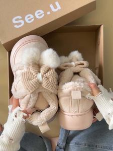 Cute Butterfly Knot Thick Heel Cotton Shoes Womens Winter Fleece Lined Thickened Comfortable Warm Northeast Snow Boots