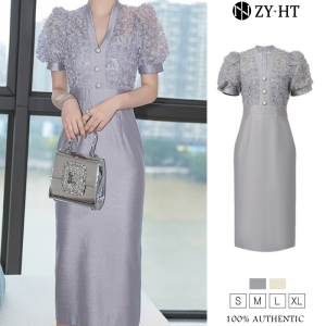ZYHT EraVogue Womens Dress Grey Cream Dress V-neck dress puffed sleeve dress Work Dress Hiso Dress Vintage Dress Dress Party Dress Evening Dress 70280