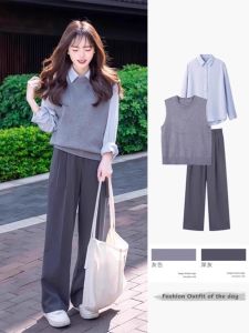 เสื้อกั๊กถักนิตติ้งผู้หญิง ฤดูใบไม้ผลิ 2024 สไตล์วิทยาลัย เสื้อเชิ้ตชั้นใน เสื้อคลุมกันหนาวแบบสวมใส่หลายชั้น ชุดแฟชั่นที่ไม่ซ้ำใคร