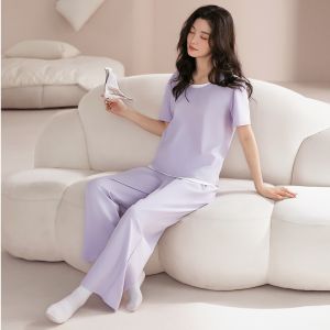 MiiOW | Pure Cotton Summer Thin Short Sleeve Long Pants Womens Sleepwear Set Fashionable Home Clothes Outdoor Wearable Casual Outfit
