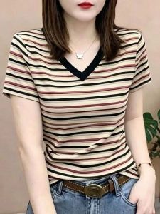 QIAOXIZI | Plus Size Loose and Slimming Striped V-Neck Womens T-Shirt