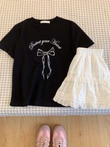 Sweet Butterfly Knot Print Cotton T-Shirt Womens Summer Short Sleeve Loose Fit round Neck Commute Style Korean Version Black