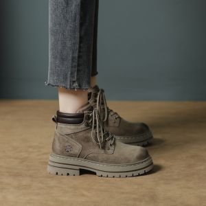Green Martin Boots Womens Spring Summer Leather Retro Travel Mountain Boots Thick Bottom Short Boots Women Increased Height