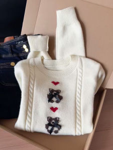 QINGNAER | Cartoon Bear Heart Jacquard Round Neck Cream Loose Knit Sweater