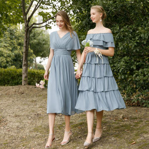 ชุดสาวน้องสาวสไตล์นางฟ้า ชุดราตรีทรงสลิมฟิต แขนกุด คอวี กระโปรงยาวปานกลาง ชุดแต่งงาน ชุดทำงาน ชุดแฟชั่นฤดูร้อน