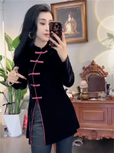 New Chinese Style Velvet Long Sleeve Stand Collar Button up Midi Qipao Top Womens Autumn Winter Fashion Retro Commute Wear