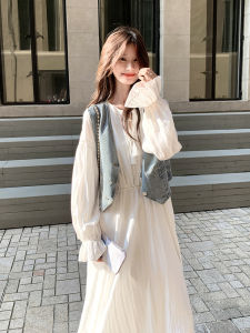 French Style White Dress Denim Vest Layering Initials Ageless Skirt Two-Piece Set High Waist A-Line Long Sleeve V-Neck Casual