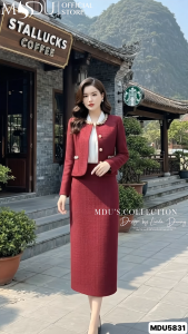 Set Đồ MDU5831 Dạ Tweed Cao Cấp Đỏ Đô Gồm Áo Khoác Tay Dài Phối Chân Váy Midi Thanh Lịch Từ MDU