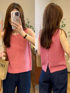 Summer Thin round Neck Ice Silk Sleeveless Knitted Sweater Womens New Style Back Hollow out Pink Knitted Top Sweet Style