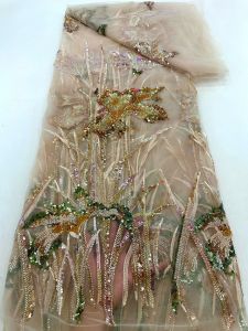 Fashion African Beaded Sequins Lace Fabric 2026 High Quality French Tulle Nigerian Women Evening Dress Sewing Supplies 5 Yards 0