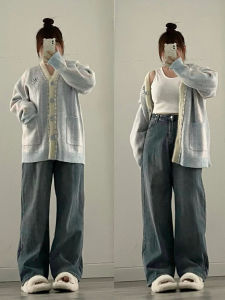 กางเกงยีนส์ขากว้างเอวยางยืดไซส์ใหญ่สำหรับผู้หญิง กางเกงขายาวทรงตรงหลวมๆ สไตล์ย้อนยุค กางเกงยีนส์ทรงสลิมฟิตสำหรับผู้หญิงไซส์ใหญ่