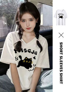 พลัสไซส์ คอวี Pure ผ้าฝ้าย เสื้อยืดแขนสั้นผู้หญิง ฤดูร้อน สีขาว ไหล่ นักเรียน เกาหลีที่กําหนดอายุ หลวม ลำลอง เสื้อท่อนบน